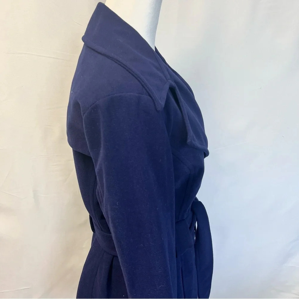 JOUJOU Double Breasted Navy Blue Belted Wool Trench Coat with Lining Size Large - Picture 13 of 16